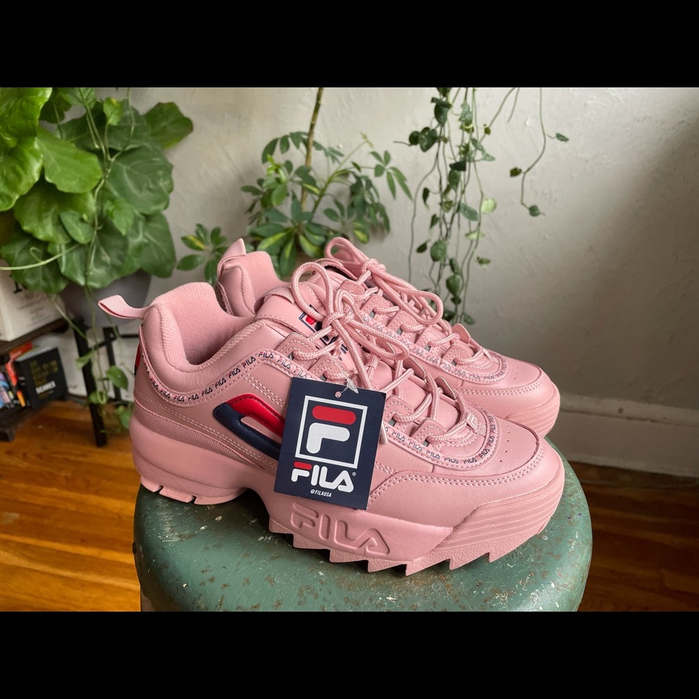 Pink Fila Disrupter with red and blue Fila logo